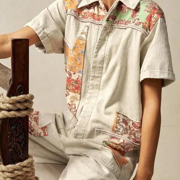 Khaki Casual Women's Boho Western Cowgirl Style Floral Patchwork Jumpsuit - Picture 5 of 7